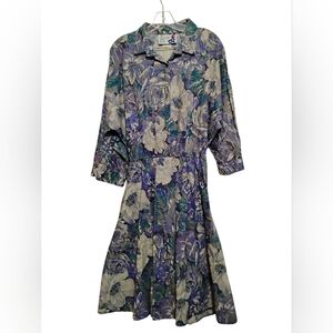 THE AMERICAN SHIRT DRESS Floral Purple Blue White Green Dress 100%Cotton 18 VTG